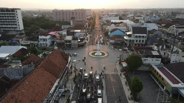 Aerial view of Tugu Yogyakarta Indonesia Landmark with busy traffic.