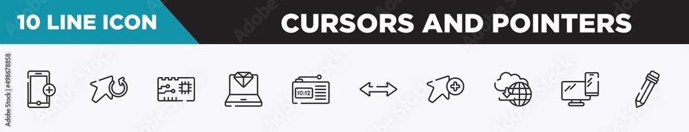 Poster set of 10 outline cursors and pointers icons. editable thin line icons such as add phone, update arr