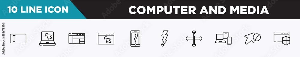 Poster set of 10 outline computer and media icons. editable thin line icons such as text entry box, laptop 
