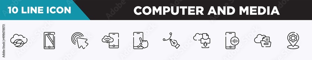 Poster set of 10 outline computer and media icons. editable thin line icons such as clouds data synchroniza