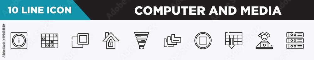 Poster set of 10 outline computer and media icons. editable thin line icons such as information on internet
