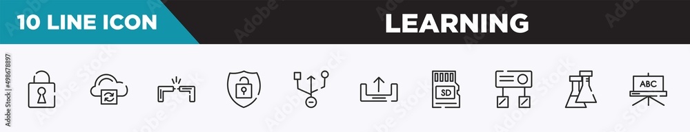 Poster set of 10 outline learning icons. editable thin line icons such as security breach, cloud processing