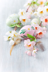 Easter Decoration. Bright wooden background. Close up. 