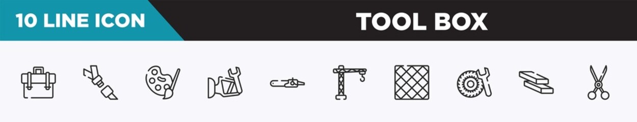 Obraz premium set of 10 outline tool box icons. editable thin line icons such as businessman portfolio, seatbelt, pallete, side mirror, sharp chainsaw, lifter, tile vector illustration.
