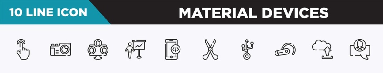 set of 10 outline material devices icons. editable thin line icons such as index finger cursor, vintage camera, three users, , phone code, scissors tool, usb vector illustration.