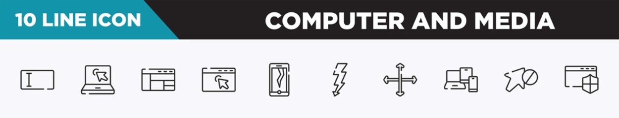 set of 10 outline computer and media icons. editable thin line icons such as text entry box, laptop with arrows, window with sections, window with arrows, cracked screen, lightning electric energy,