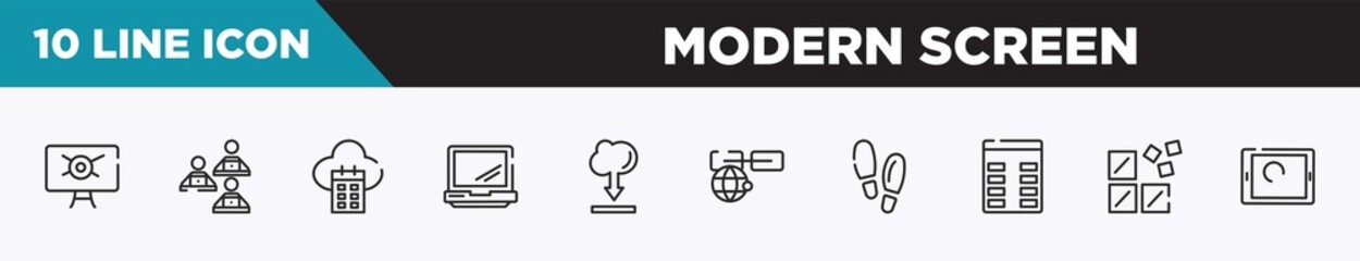 set of 10 outline modern screen icons. editable thin line icons such as computer virus, computer workers team, calendar on cloud, laptop opened tool, internet cloud download, link on internet,
