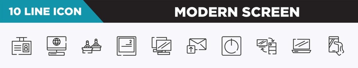 set of 10 outline modern screen icons. editable thin line icons such as id badge, laptop with internet connection, computer workers group, keyboard key with number 2, notebook double tool image,