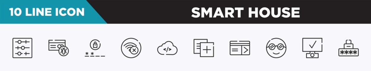 set of 10 outline smart house icons. editable thin line icons such as tuning, infected, passwords, connection error, cloud coding, duplicate, keycard vector illustration.