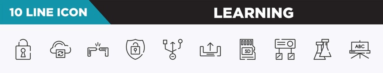set of 10 outline learning icons. editable thin line icons such as security breach, cloud processing, cable break, theft, universal serial usb connector, uploading, micro card vector illustration.