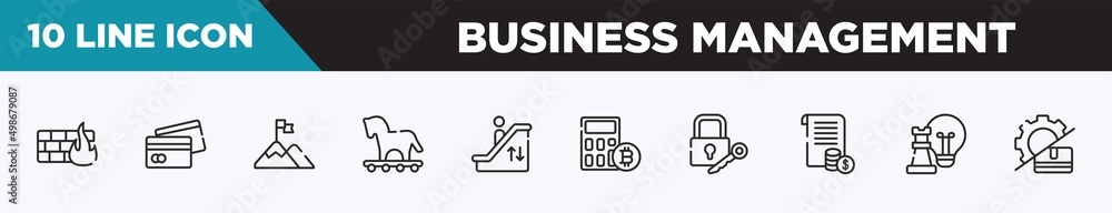 Poster set of 10 outline business management icons. editable thin line icons such as distributed ledger, mo