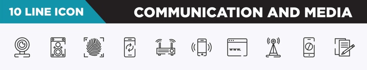 set of 10 outline communication and media icons. editable thin line icons such as webcam, speaker box, fingerprint scan, smartphone with reload arrows, modem, smartphone call, browser window vector