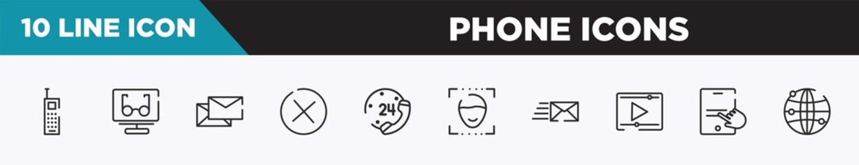 set of 10 outline phone icons icons. editable thin line icons such as vintage mobile phone, reading mode, letters, removed, telephone line 24 hours service, face detection, express mail vector