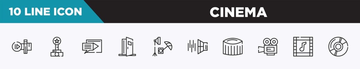 set of 10 outline cinema icons. editable thin line icons such as slow motion, film award, subtitle, doorway, studio, sound effect, zoetrope vector illustration.