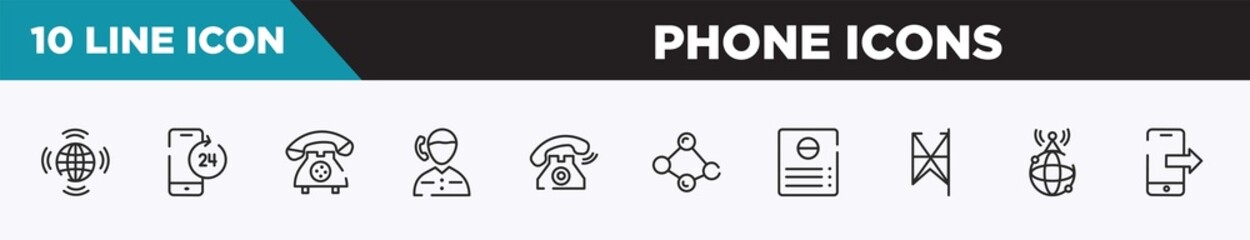 set of 10 outline phone icons icons. editable thin line icons such as worldwide transmissions, smartphone 24 hours service, vintage telephone call, boy talking by phone, old telephone ringing,