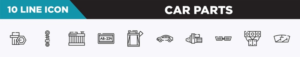 set of 10 outline car parts icons. editable thin line icons such as car wheel nut, car suspension, radiator, numberplate, petrol tank, hard top, starter vector illustration.