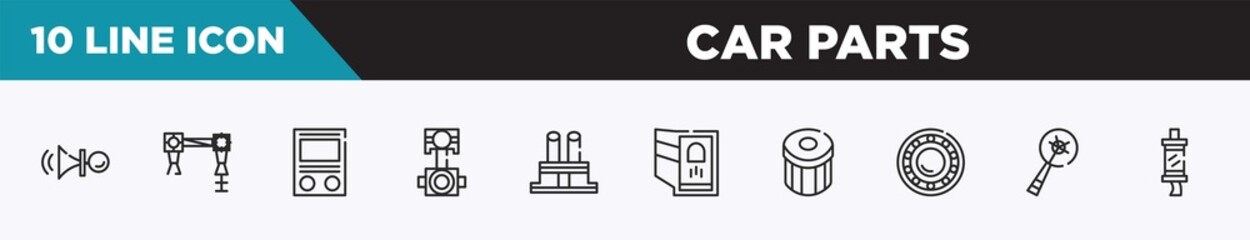 set of 10 outline car parts icons. editable thin line icons such as car horn, car torsion bar, fascia (british), connecting rod, distributor cap, reversing light, oil filter vector illustration.
