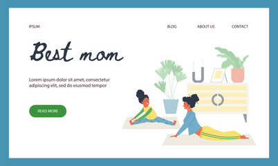 Best mom website with mother and child practicing yoga, flat vector illustration.