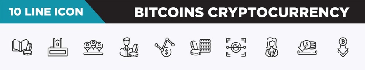 set of 10 outline bitcoins cryptocurrency icons. editable thin line icons such as finance book, judge chair, viral, accredited, volatility, money stack, eye scan vector illustration.