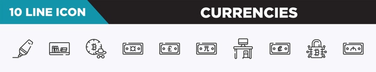 set of 10 outline currencies icons. editable thin line icons such as real state, basic needs, business plan, money growth, card payment, root directory, halving vector illustration.