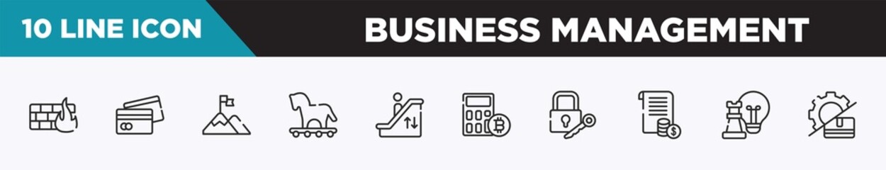 set of 10 outline business management icons. editable thin line icons such as distributed ledger, money flow, limit, reduction, pen container, old car, commission vector illustration.