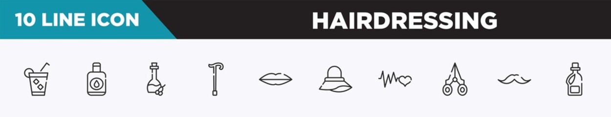 set of 10 outline hairdressing icons. editable thin line icons such as ice tea, nail polish remover, olive oil, cane, seductive, pamela, cardiogram vector illustration.