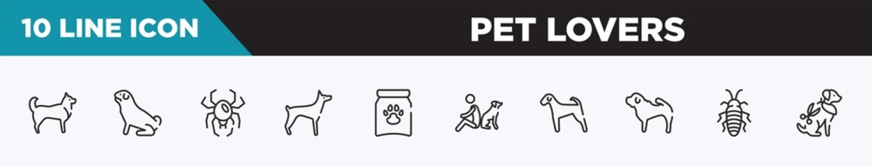 set of 10 outline pet lovers icons. editable thin line icons such as husky, pug, spider black widow, doberman, treat, dog and man seating, airedale vector illustration.