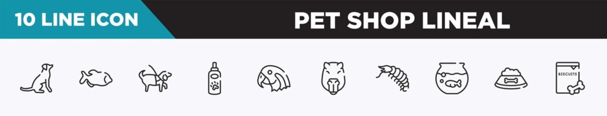 set of 10 outline pet shop lineal icons. editable thin line icons such as dog seatting, big piranha, guide dog, pet lotion, parrot head, capybara head, big shrimp vector illustration.