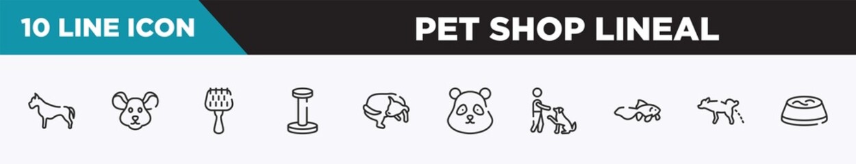 Obraz na płótnie Canvas set of 10 outline pet shop lineal icons. editable thin line icons such as pitbull, mouse head, grooming brush, scratching platform, dog chasing tail, panda bear head, man and dog vector