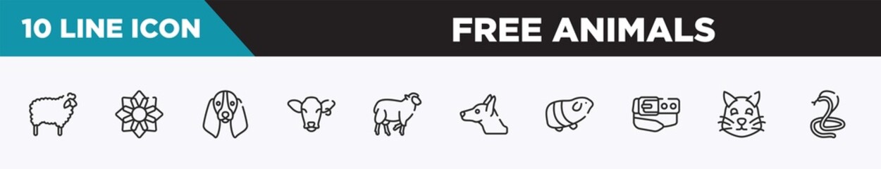 set of 10 outline free animals icons. editable thin line icons such as sheep with wool, angular flower, bas hound dog head, cow head, black sheep, doberman dog head, guinea pig heag vector