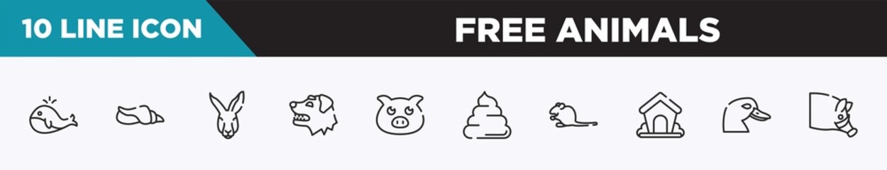 set of 10 outline free animals icons. editable thin line icons such as big whale, seashell conch, kangaroo head, border collie dog head, farm pig, pile of dung, sitting mouse vector illustration.