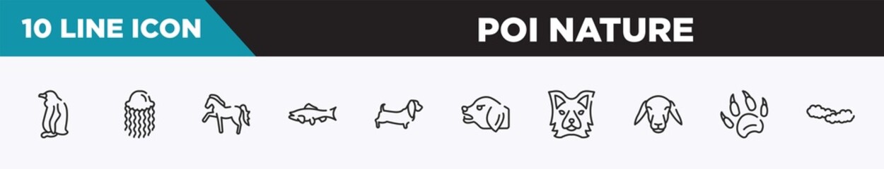 set of 10 outline poi nature icons. editable thin line icons such as sitting penguin, swimming jellyfish, horse with leg up, big salmon, dog with long ears, angry dog, border collie head vector