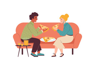 Fototapeta premium People eat homemade or takeaway pizza, flat vector illustration isolated.