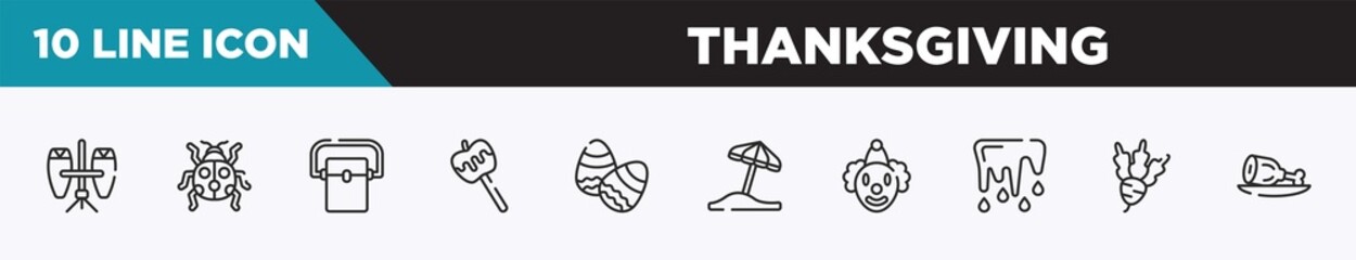 set of 10 outline thanksgiving icons. editable thin line icons such as conga, ladybird, freezer, caramel, eggs, sun umbrella, clown vector illustration.