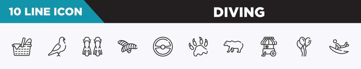 set of 10 outline diving icons. editable thin line icons such as picnic, pigeon, flippers, null, steering wheel, paw print, grizzly bear vector illustration.