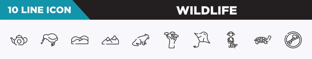 set of 10 outline wildlife icons. editable thin line icons such as teapot, kiwi, dunes, mountains, red panda, baobab, manta ray vector illustration.