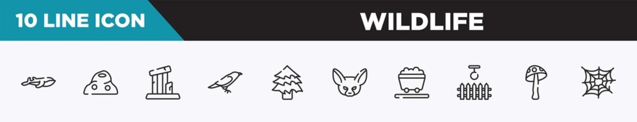 set of 10 outline wildlife icons. editable thin line icons such as blue whale, anthill, relics, crow, spruce, fennec, wagon vector illustration.
