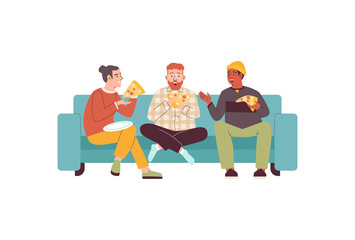 Friends men eating pizza at home together, flat vector illustration isolated.