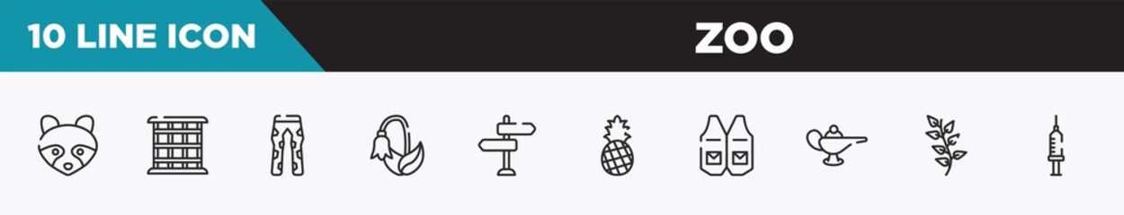set of 10 outline zoo icons. editable thin line icons such as racoon, cage, fatigue, harebell, direction, pine, waistcoat vector illustration.