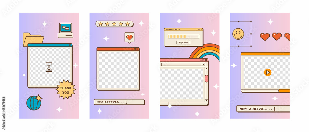 Poster set of post or stories templates for social media in vaporwave style. abstract retro 80s 90s aesthet