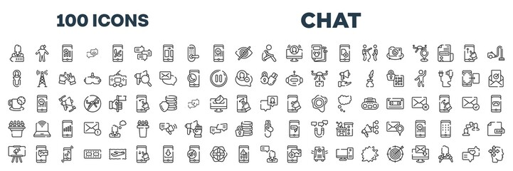 set of 100 outline chat icons. editable thin line icons such as charged, lonely, attraction, locking, coffee break, followers, projection, testimonial stock vector.
