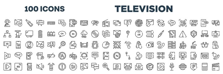 set of 100 outline television icons. editable thin line icons such as reporter, postal, ethernet, international mail, spanish language, post stamp, controls, video stream stock vector.