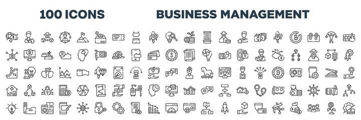 set of 100 outline business management icons. editable thin line icons such as cooperate, money transfer, bank rate, dollar coin, pen container, retailer, intranet, spreading stock vector.