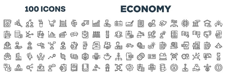 set of 100 outline economy icons. editable thin line icons such as contact book, identification card, bills, peer to peer, intranet, accountant, distributed ledger, possibility stock vector.