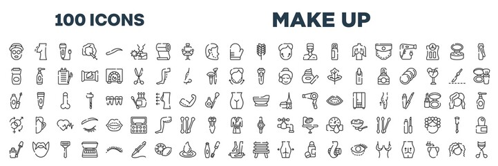 set of 100 outline make up icons. editable thin line icons such as sleeping mask, birch whisk, epilator, shaver, mascara, bathtube, nail color, wooden chair stock vector.