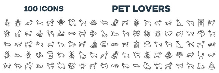 set of 100 outline pet lovers icons. editable thin line icons such as red soldier beetle, scorpio, null, null, bas hound, sad dog, toyger cat, dog sleeping stock vector.