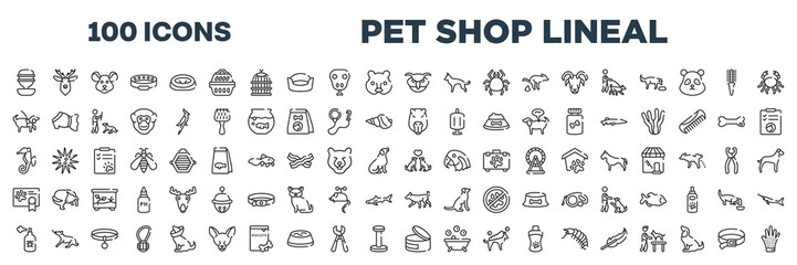 set of 100 outline pet shop lineal icons. editable thin line icons such as water replenisher, owl head, guide dog, capybara head, sea horse, couple of dogs, spray, canned food stock vector.