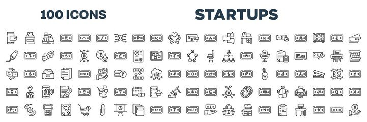 set of 100 outline startups icons. editable thin line icons such as netoworking, inauguration, real state, trojan, good communication, money growth, firewall, electrical appliances stock vector.