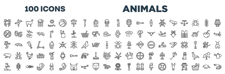 set of 100 outline animals icons. editable thin line icons such as null, oxygen tank, forbidden, wristwatch, beans, antlion, sprout, sunflowers stock vector.