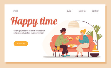 Web banner with man and woman sitting at sofa and eating pizza flat style